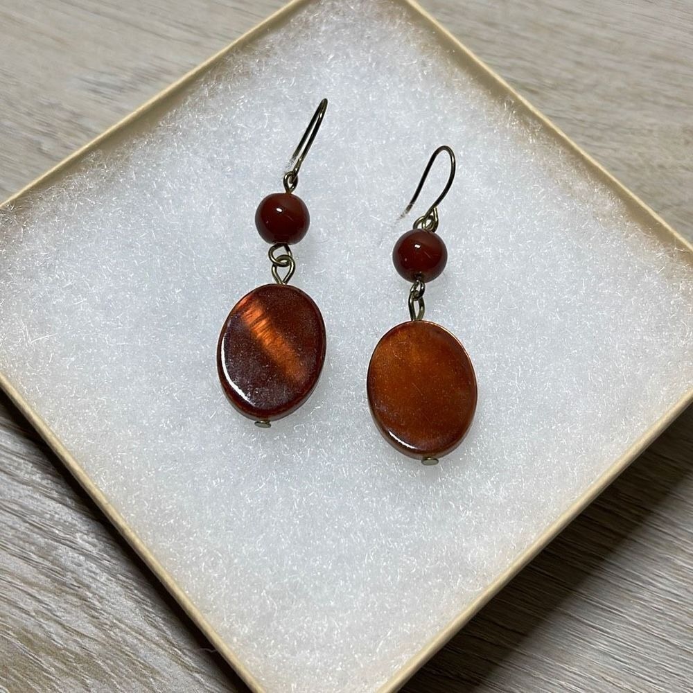 Vintage Hanging Earrings Brown Burnt Red Tiger Eye